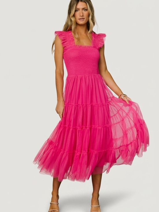 Baltic Born Dresses & Skirts - Baltic Born Hot Pink Smocked Tulle Midi Dress Romantic Formal Gown Sz LG